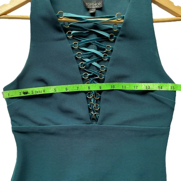 TopShop Old Money Blue BodyCon Dress W/ Deep V (6) - Picture 3 of 11